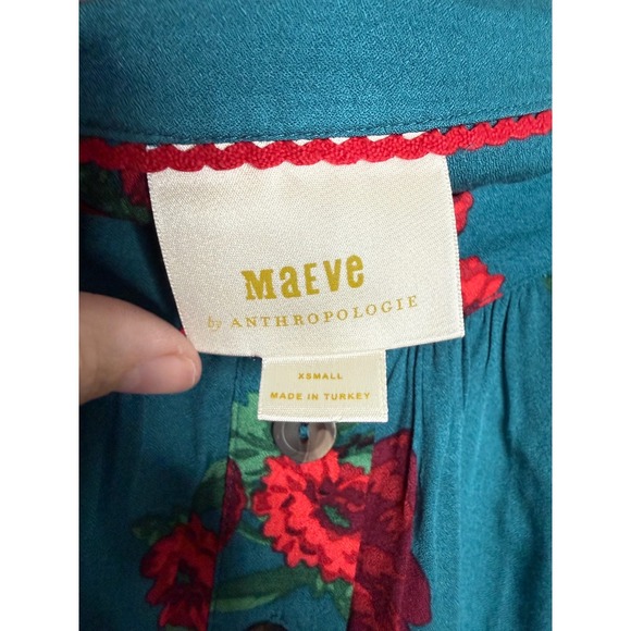 Anthropologie Maeve Kalas teal henley floral woven blouse - Picture 3 of 10